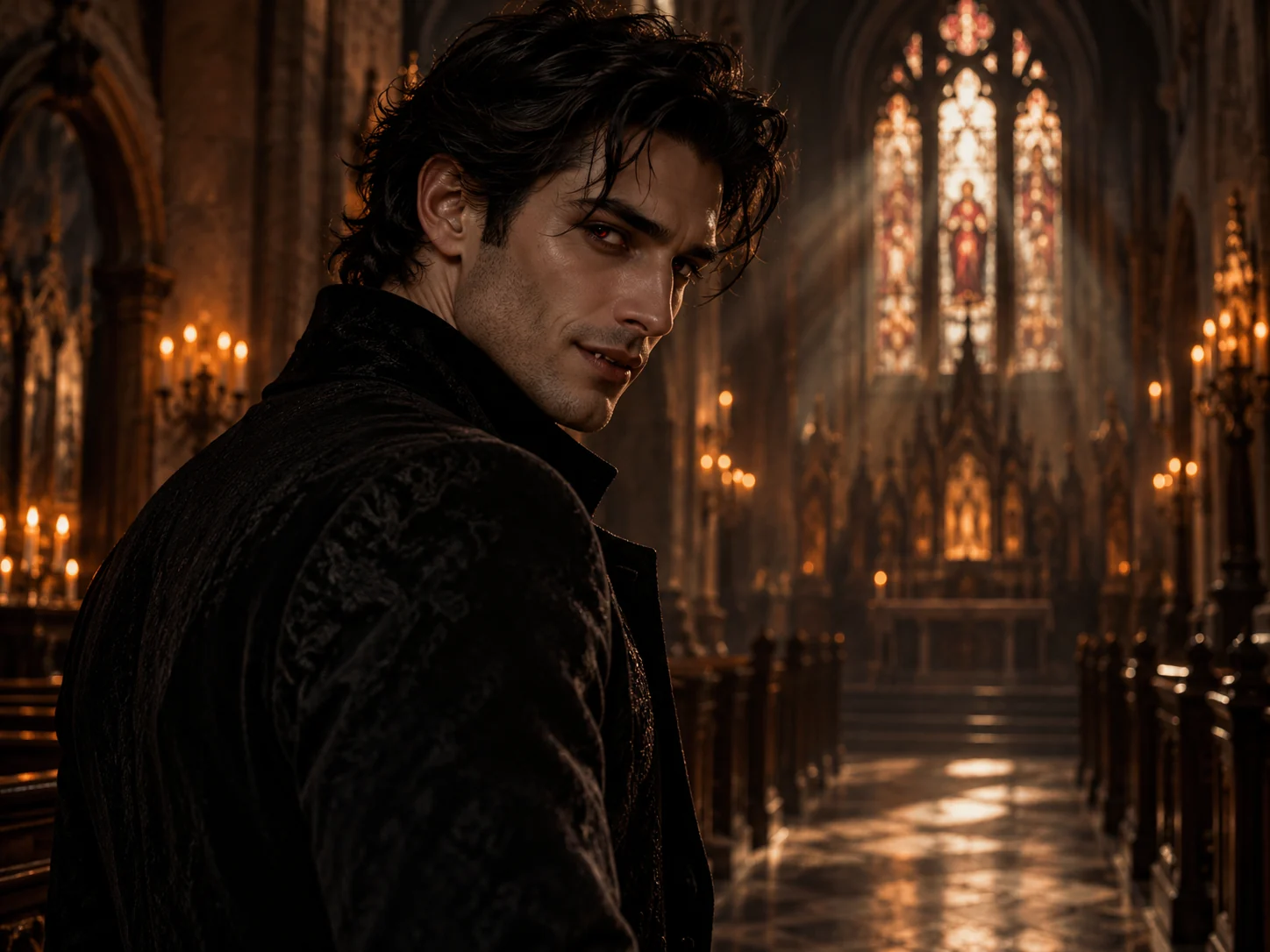 Illustration of a vampire-inspired man in a candlelit church